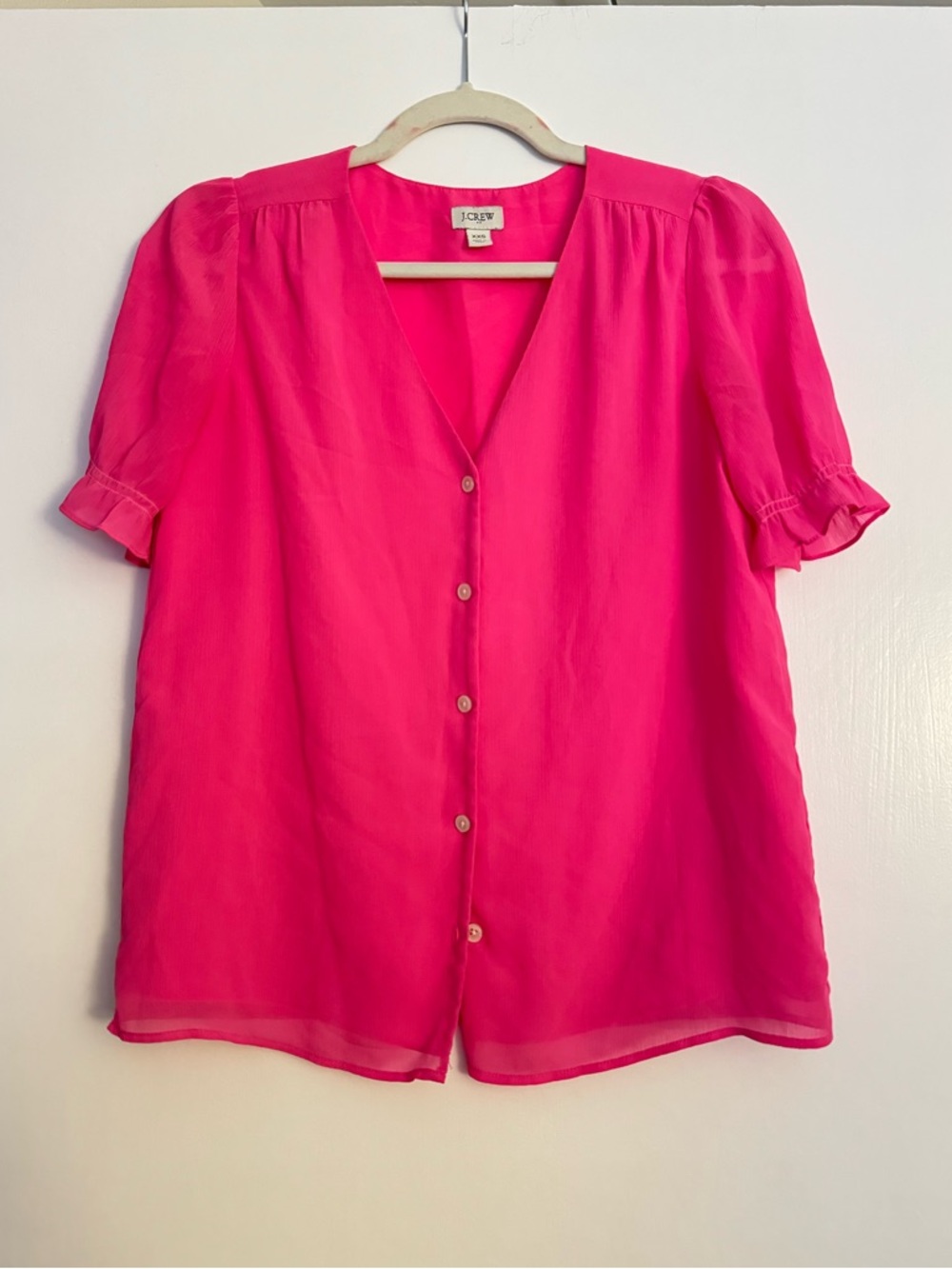 J. Crew Factory Vibrant Pink V‑Neck Button Front Puff Sleeve Blouse